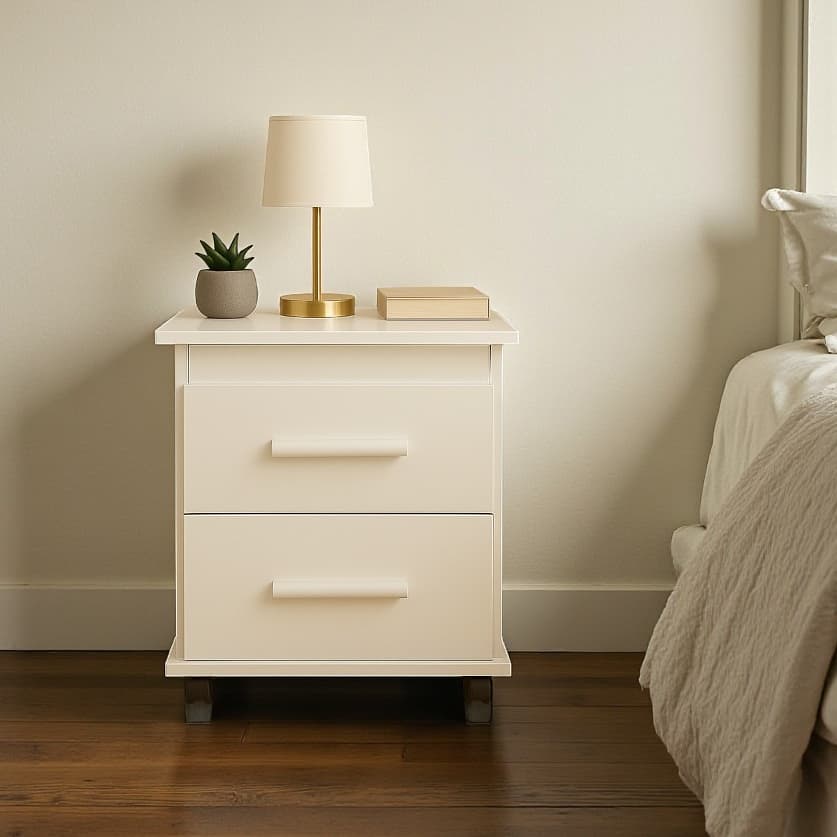 Mesa de Cabeceira 2 Gavetas Branco C/ Rodinhas Para Organização MDP Premium