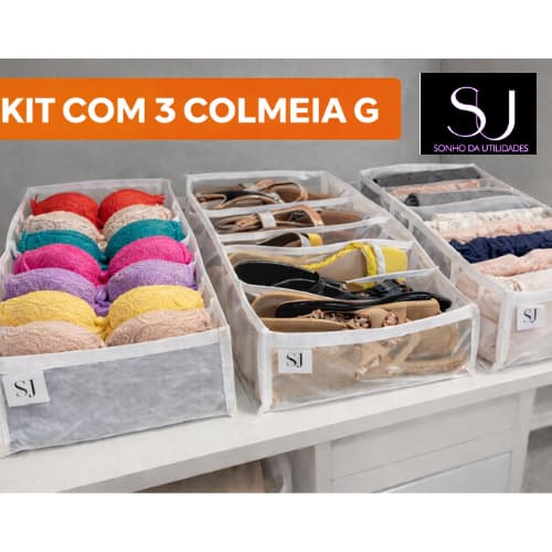 Colmeia G Kit com 3 Colmeia organizadora para camisetas e blusas 10x30x35cm G Branca - SU SONHO
