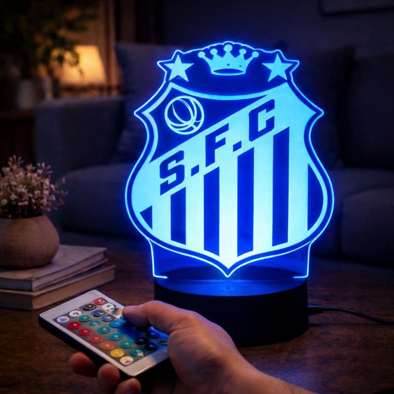 Abajur LED do SANTOS - Luz no Acrílico - Base PRETA ou BRANCA - Com CONTROLE REMOTO