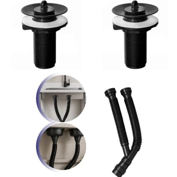 Sifão Duplo Preto Sanfonado + Válvula Tanque/Lavátorio ABS Preto Kit Sifão Duplo Preto + 2 Válvulas.