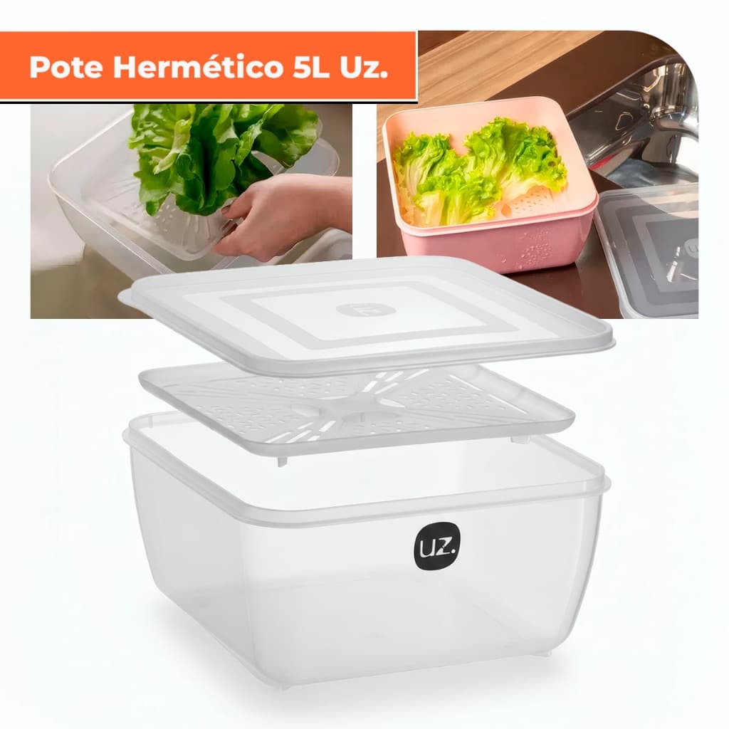 Pote Organizador 5 Litros Com Tampa E Escorredor Multiuso Seca Legumes Frutas Salada UZ406 - Cores