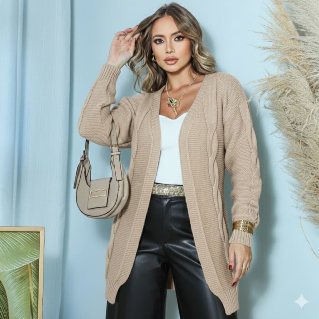 Casaco Tricot Básico Manga Longa Tricô Inverno Trança Tendencia Frio Novidade Moda Blogueira