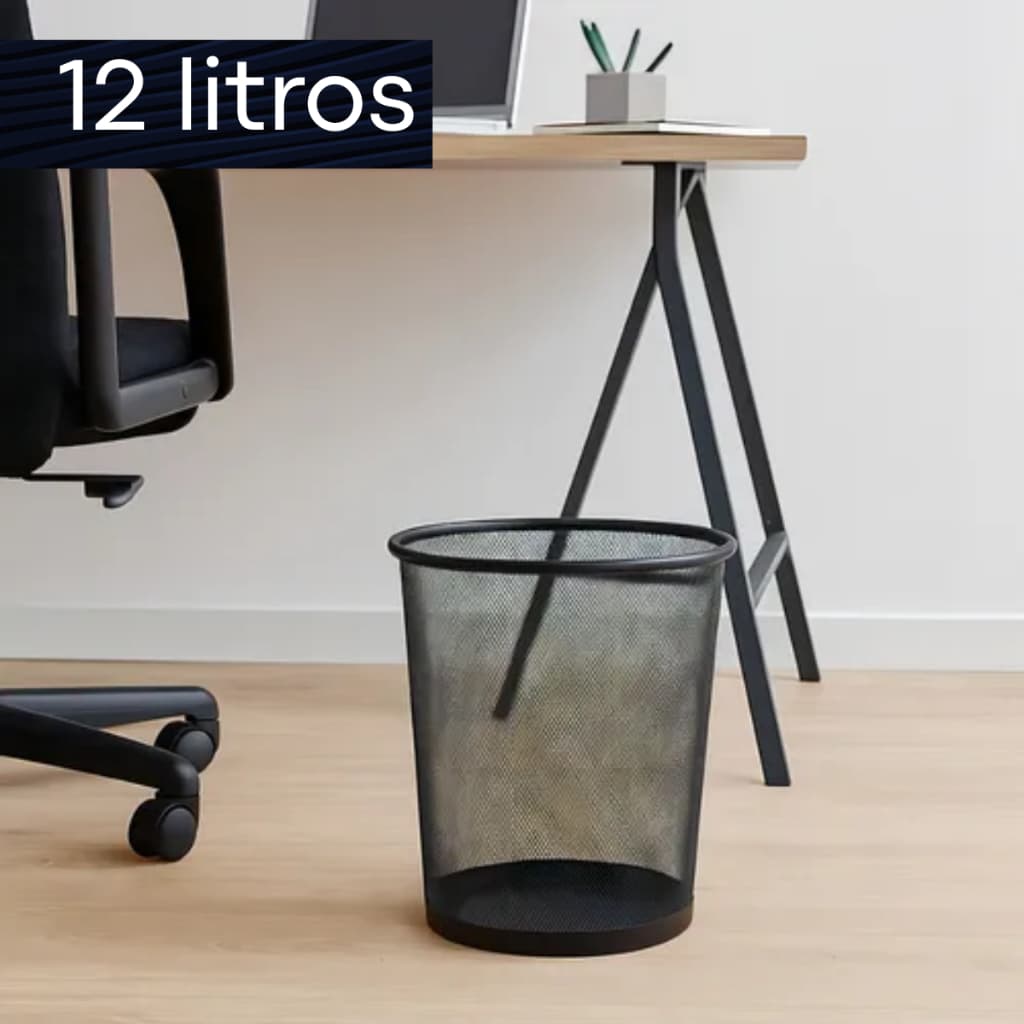 Lixeira de Metal 12 Litros Telada Preta Cesto de Lixo para Casa Escritório Quarto Resistente Organização Limpeza