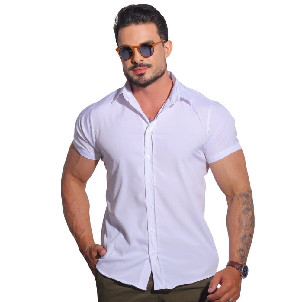 Camisa Masculino Tradicional Manga Curta Slim Fit Verão Elegante Nao Amassa