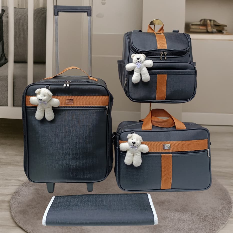 Kit de bolsas de maternidade com mala, bolsa, mochila e trocador preto perolisado com faixa caramelo