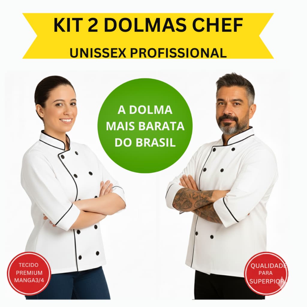 Kit 2 Dolmas Chef Cozinha uniforme Profissional Unissex Gola Padre 3/4