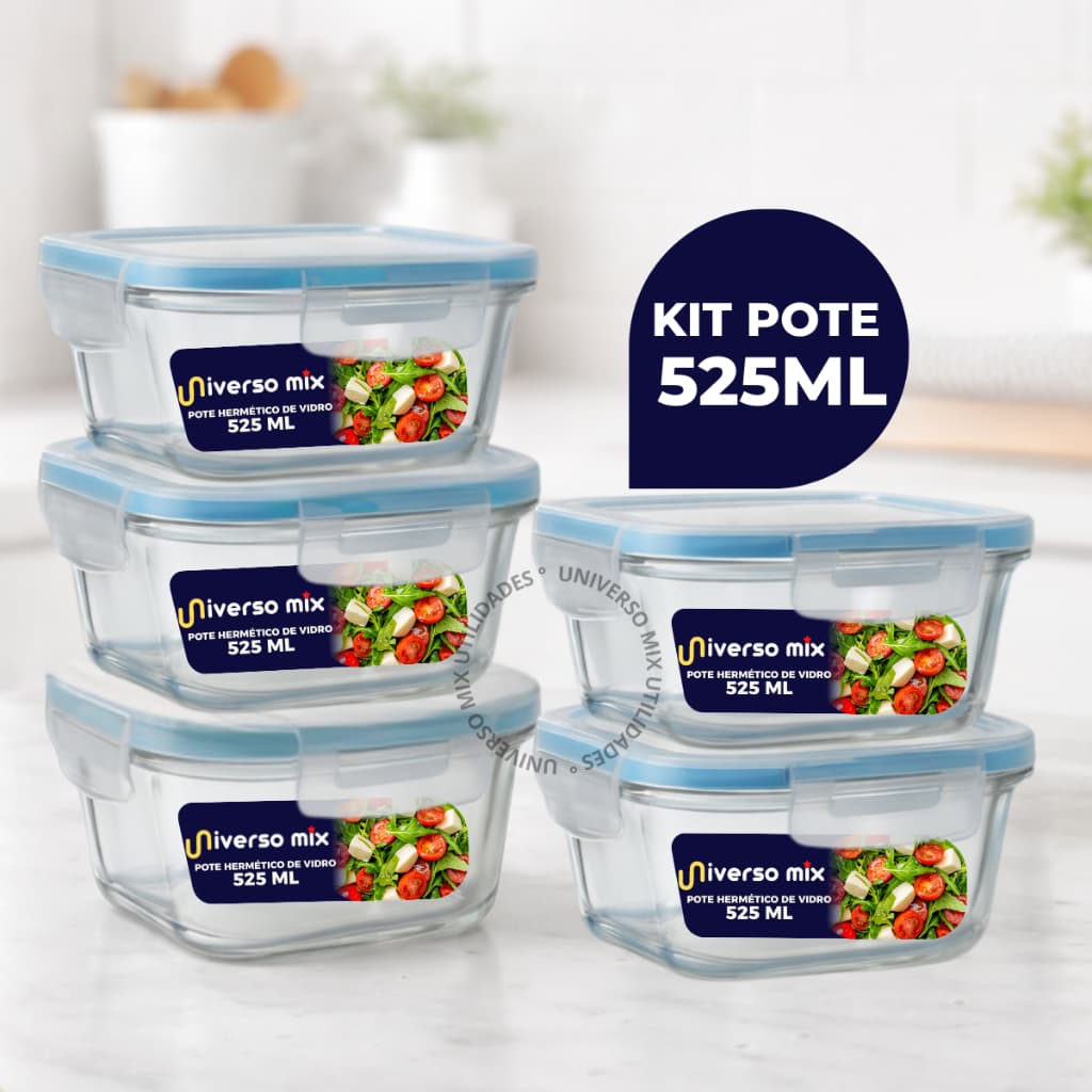 Kit 5 ou 10 Potes Vidro Herméticos 525ml Quadrado Resistente Premium