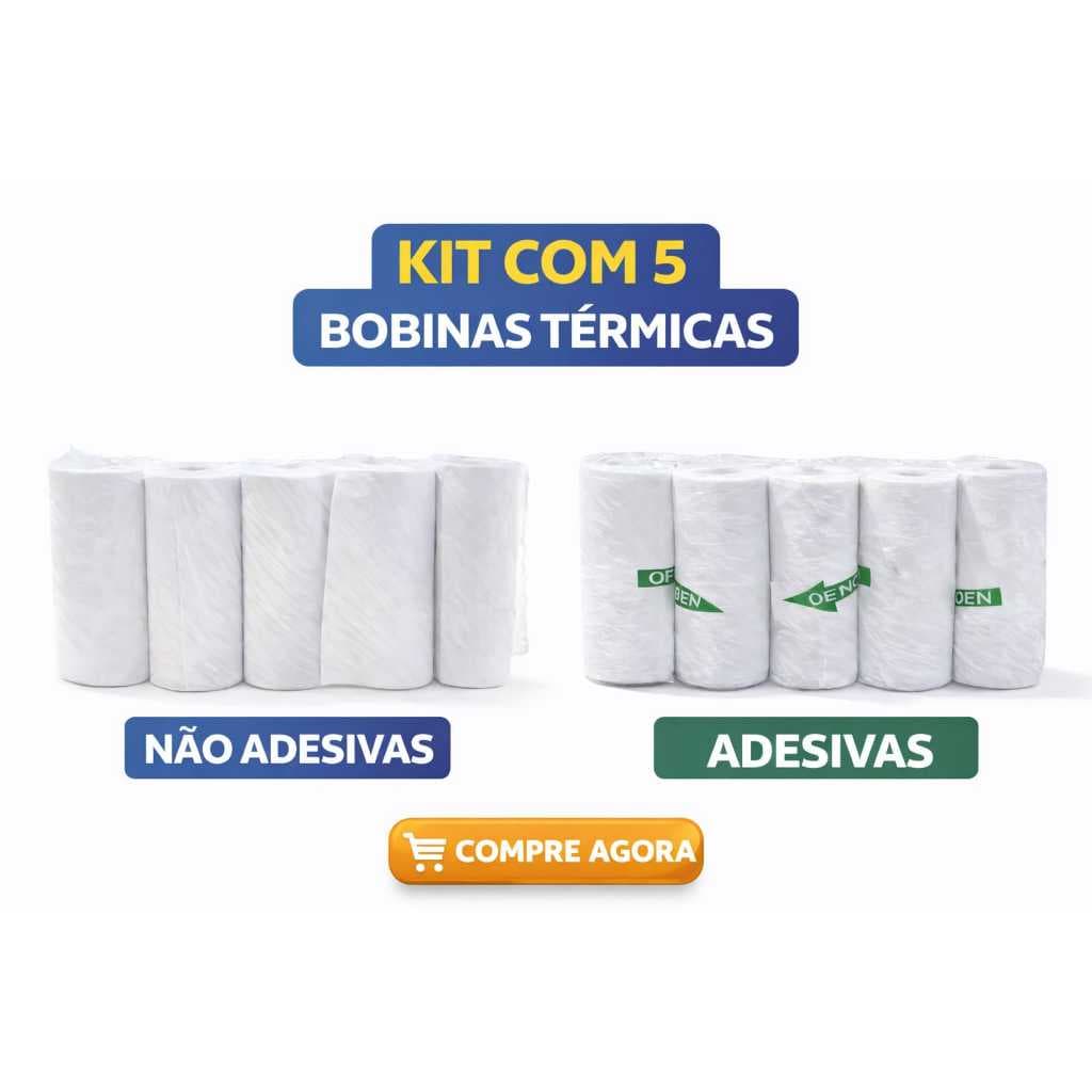 Kit 5 Bobina Etiqueta Branca Térmica Adesiva e Não Adesiva Para Mini Impressora
