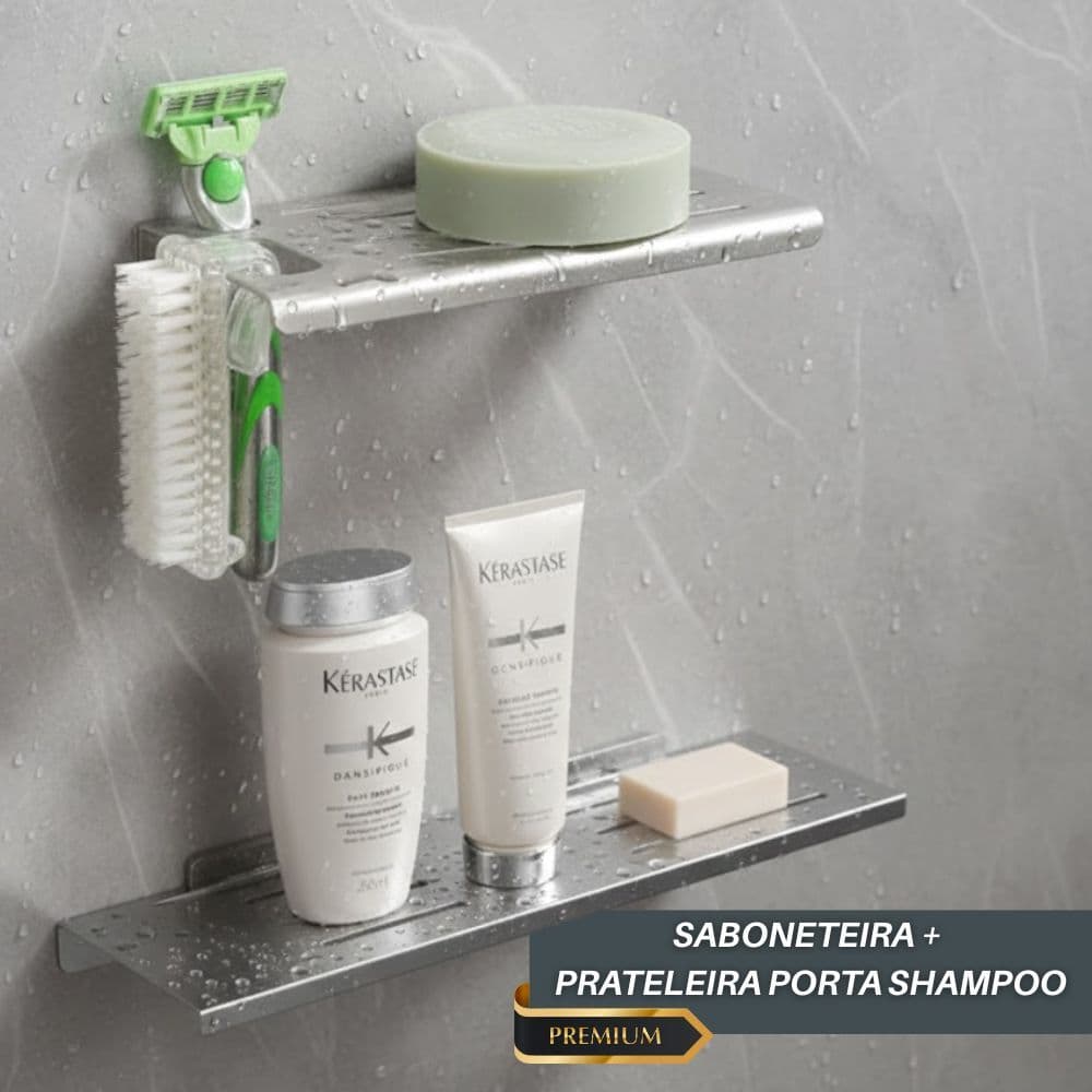 Kit Banheiro Aço Inox - Saboneteira C/ Suporte Para Gillette E Escovinha + Prateleira Porta Shampoo