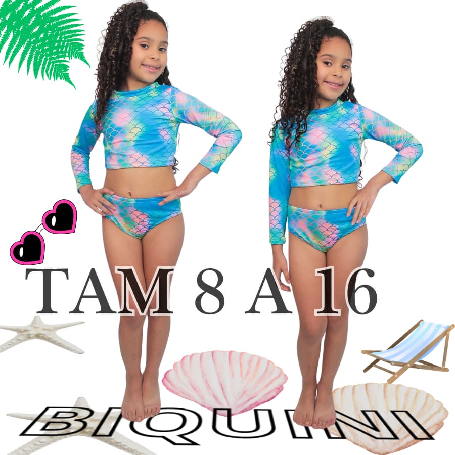 Conjunto de Biquíni Infantil e Juvenil + TOP MANGA LONGA ESTAMPA SEREIA UV Moda Praia Piscina 8 a 16
