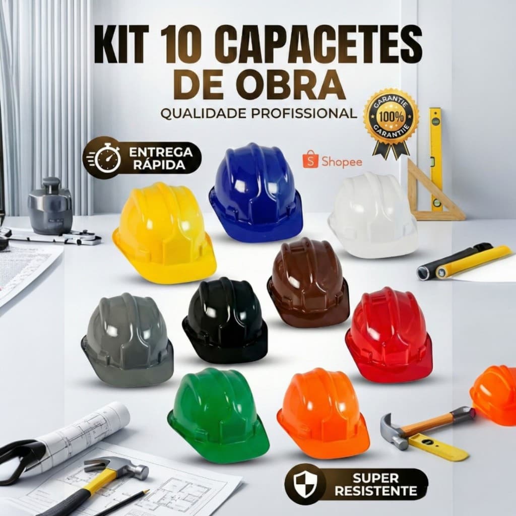 Kit 10 Capacetes de Segurança para Obra Proteção Resistente Certificada