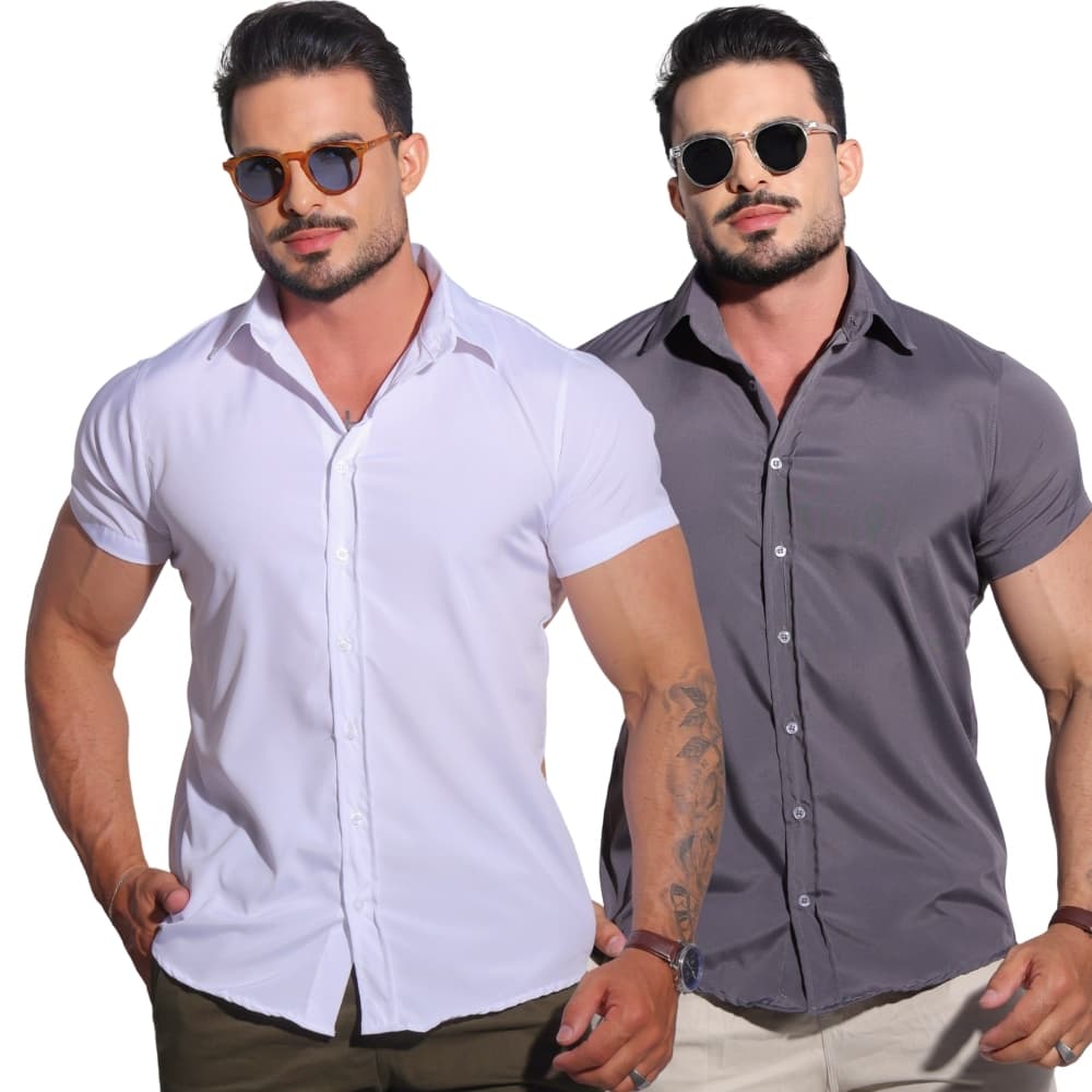 Kit Com 2 Camisas Masculina Slim Fit Social Casual Não Amassa Para Trabalho