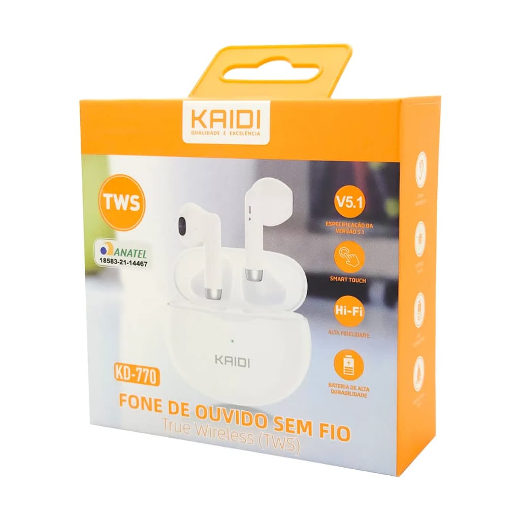 Fone De Ouvido Kaidi Kd-770 Sem Fio Tws Bluetooth Original Branco
