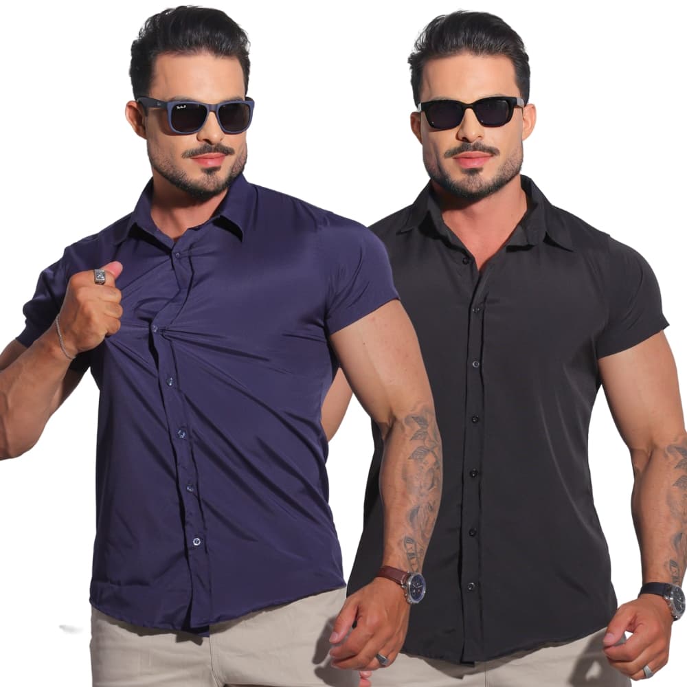 Kit Com 2 Camisas Masculinas Slim Premium com Elastano Caimento Perfeito