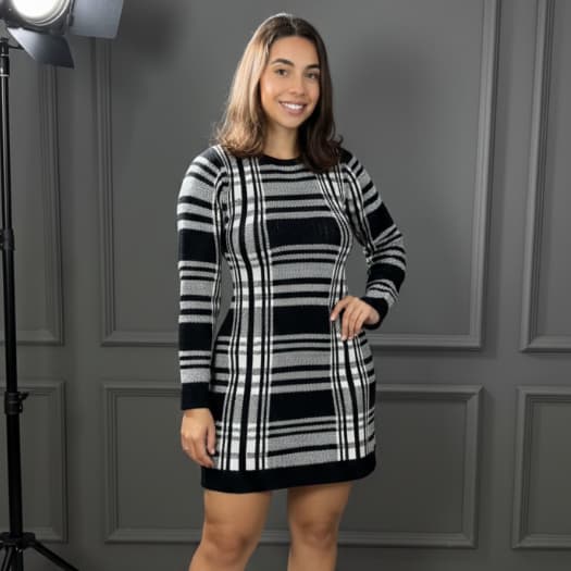Vestido Feminino Curto Vestido Tricot Manga Longa Xadrez Roupa Feminina Inverno Elegante
