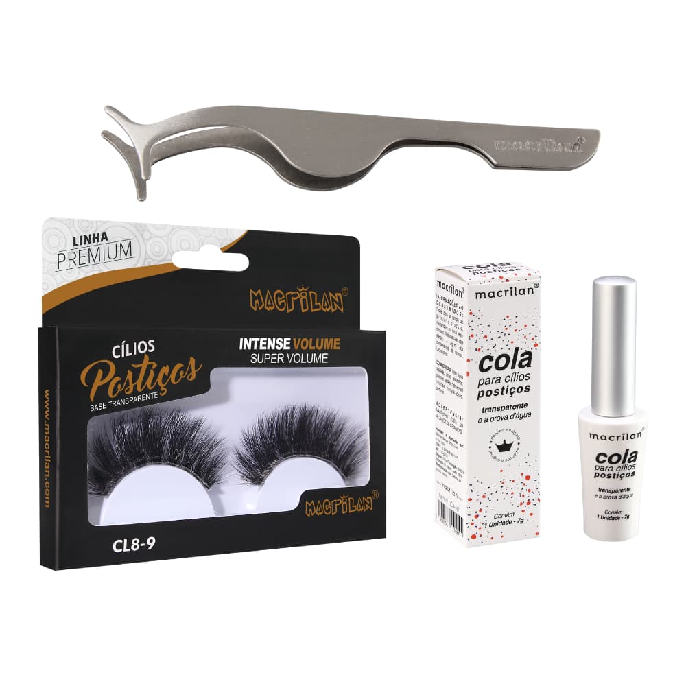 Kit Cílios Super Volume + Pinça + Cola - Macrilan - CA-001 + CL8-9 + PI-11