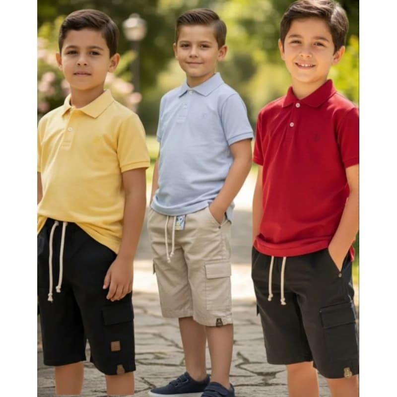 Kit conjunto infantil menino polo e bermuda cargo masculina juvenil verão no tamanho 10 12 14 16