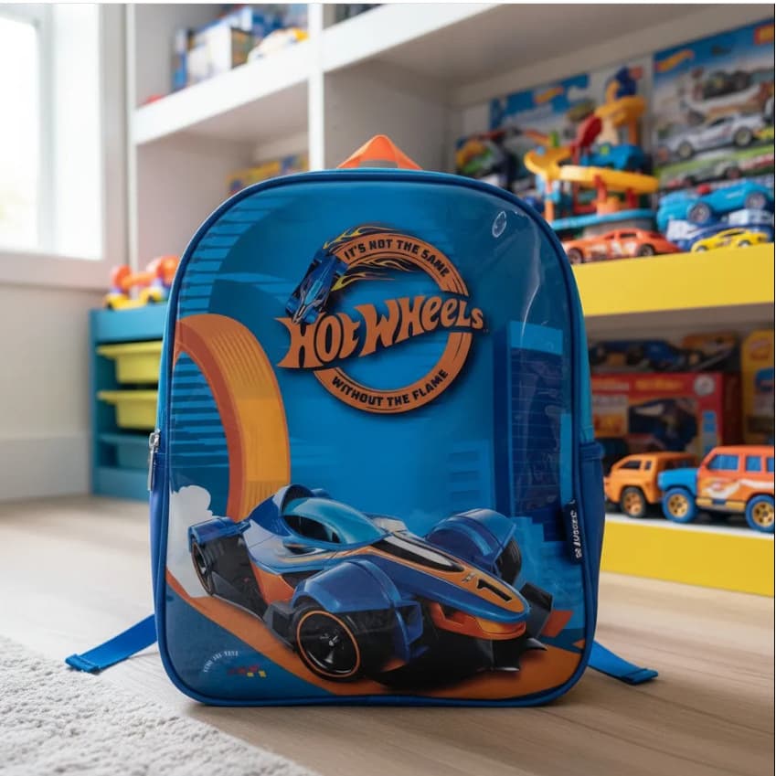 Mochila Escolar Hot Wheels Azul e Laranja Pequena