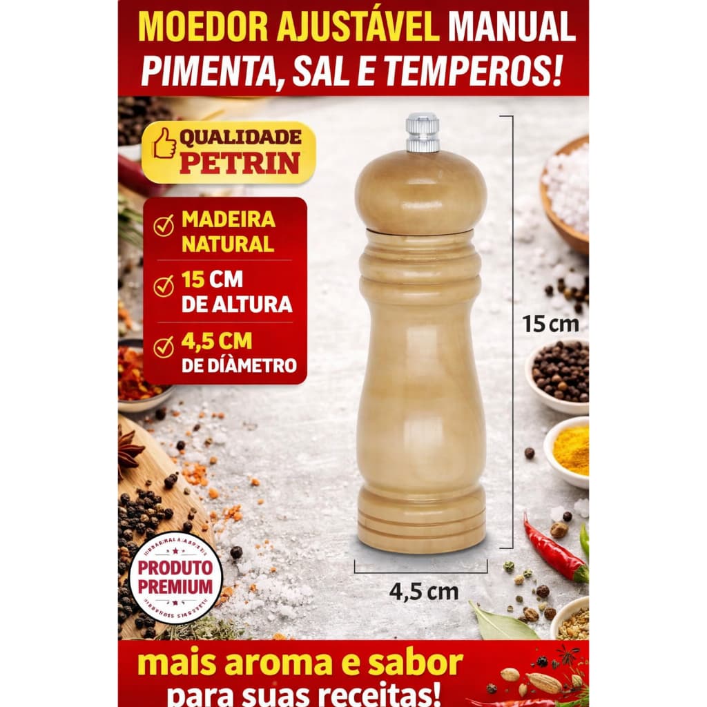 Moedor de Pimenta Manual Petrin 15cm Madeira Natural Ajustável Sal e Temperos Gourmet