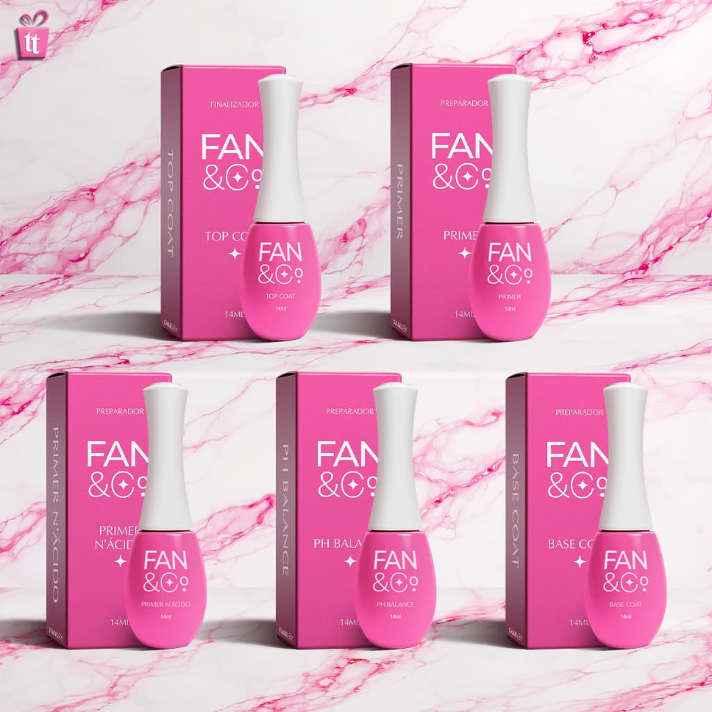 Kit 5 Preparadores Fan Linha Completa Top coat , Primer , PH , Base Coat, Primer N'acido 14ml Unhas Gel Fibra