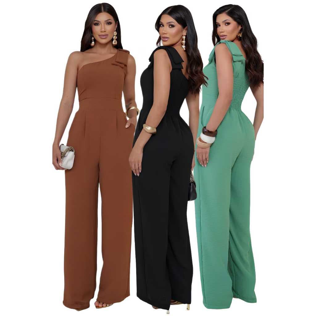 Macacão Femenino Elegante Ombro Diferenciado Decote Assimetrico Look Festa Eventos Tecido Duna