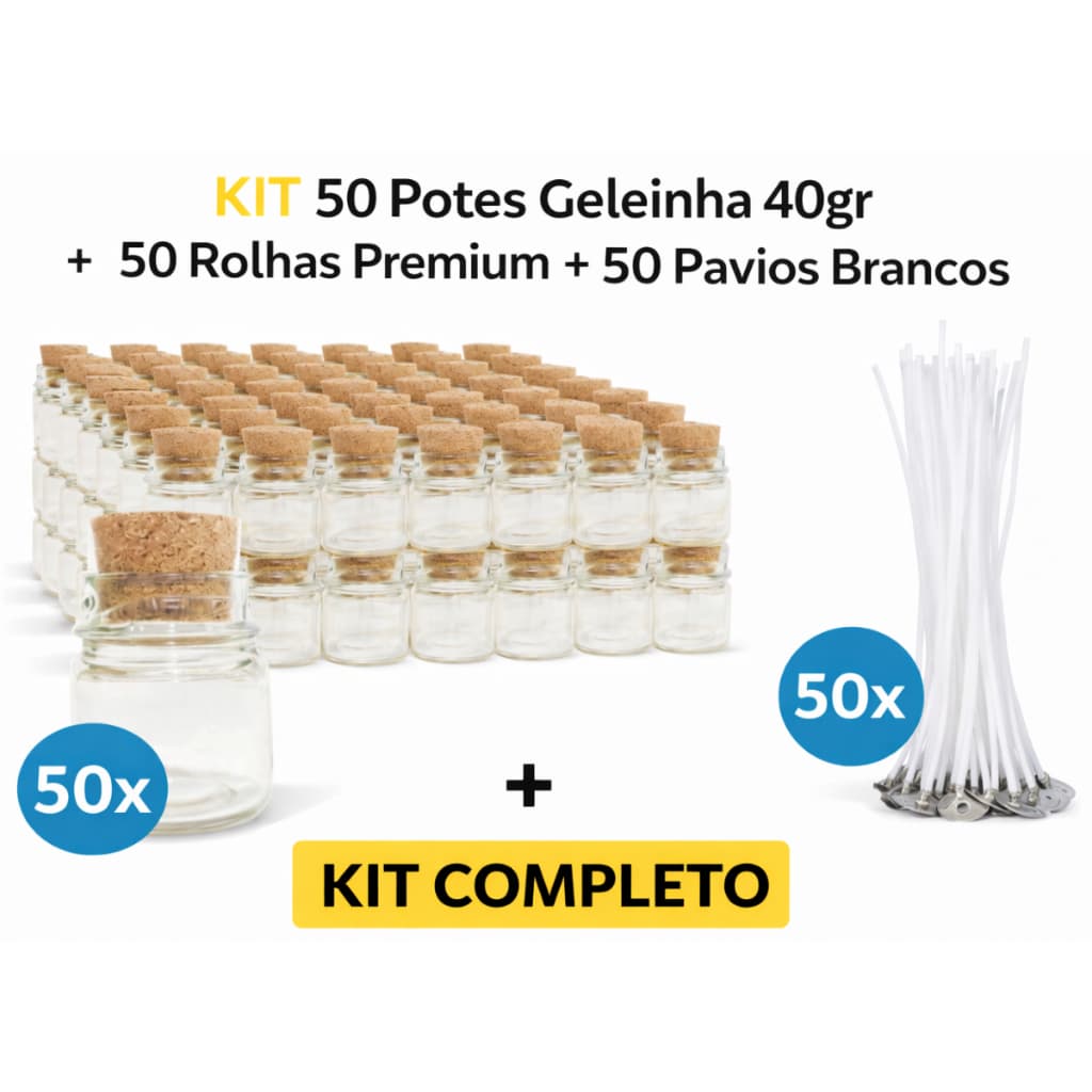 50 Potes P/ Vela C/ Rolha + 50 Pavios Parafina 10cm P/ Vela Brinde