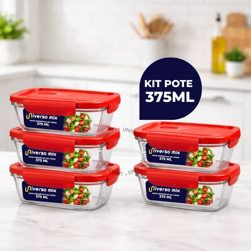 Kit 5 ou 10 Potes Vidro Hermético 375ml Retangular 4 Travas Marmita Premium Vermelho