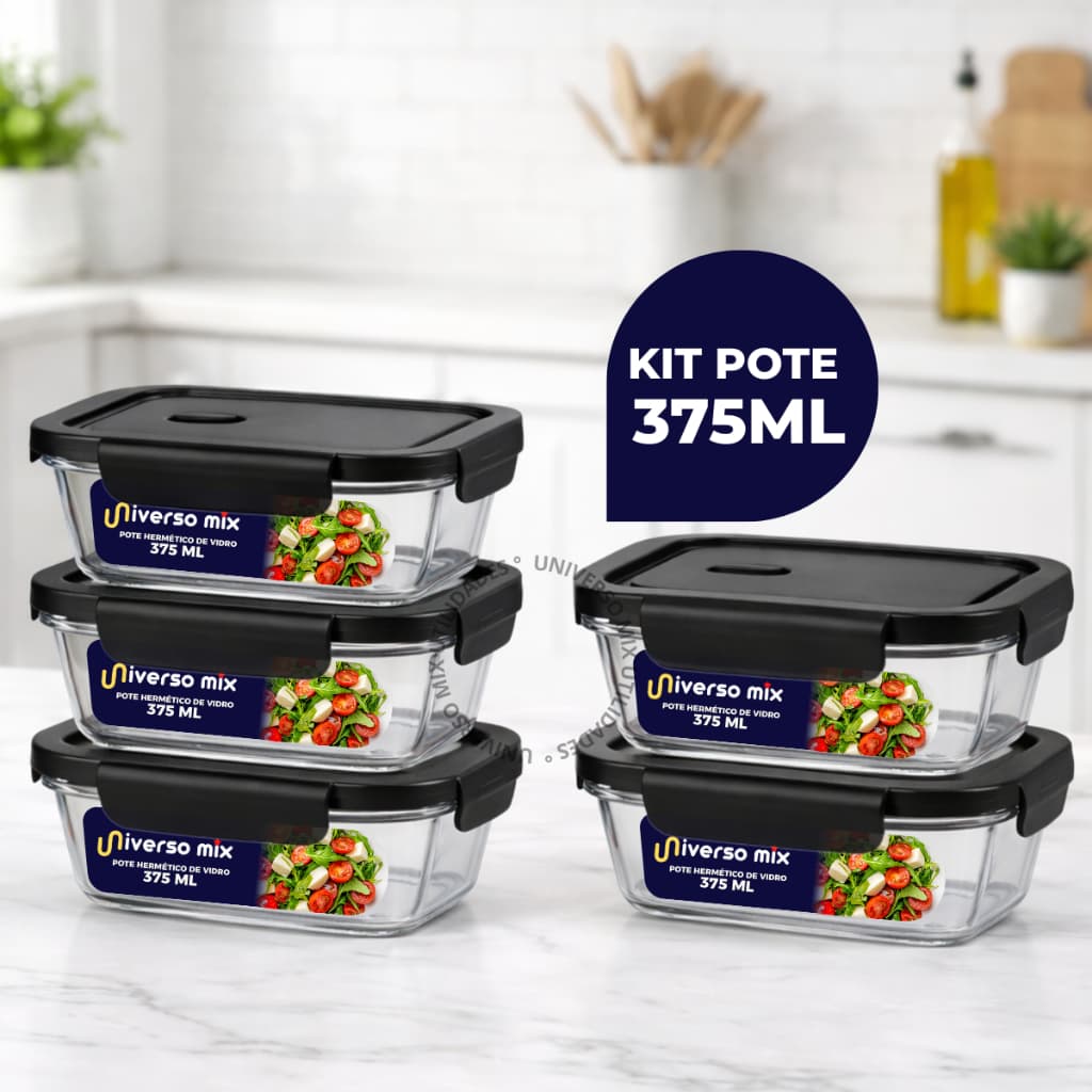 Kit 5 ou 10 Potes Vidro Hermético 375ml Retangular 4 Travas Premium - Preto