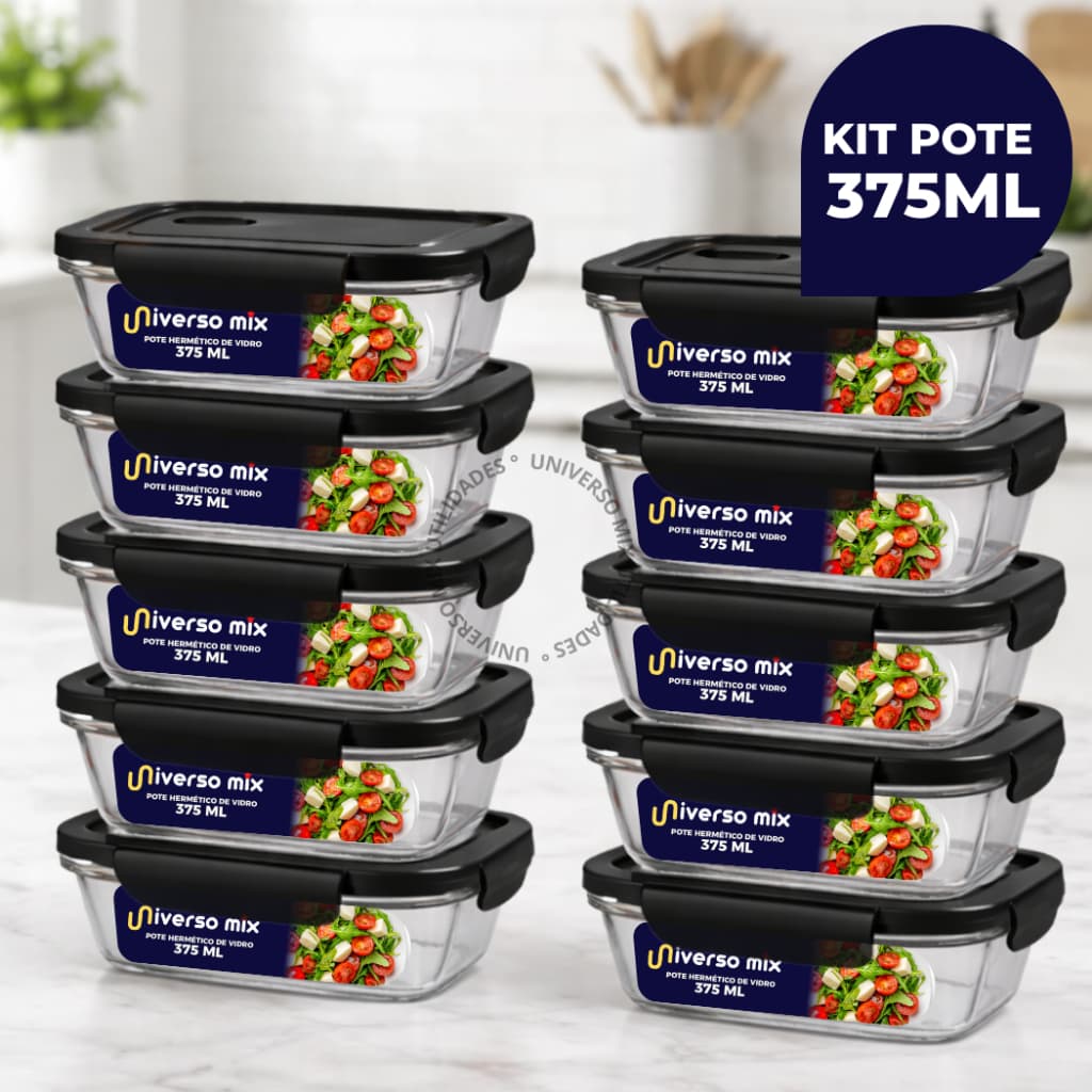 Kit 10 ou 5 Potes Vidro Tampa Hermético 375ml Retangular 4 Travas Premium - Preto