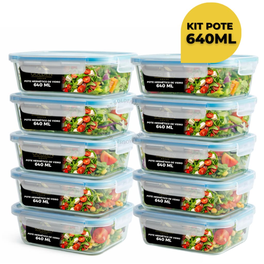 Kit 10 ou 5 Potes Vidro Hermético 640ml Retangular 4 Travas Marmita Premium