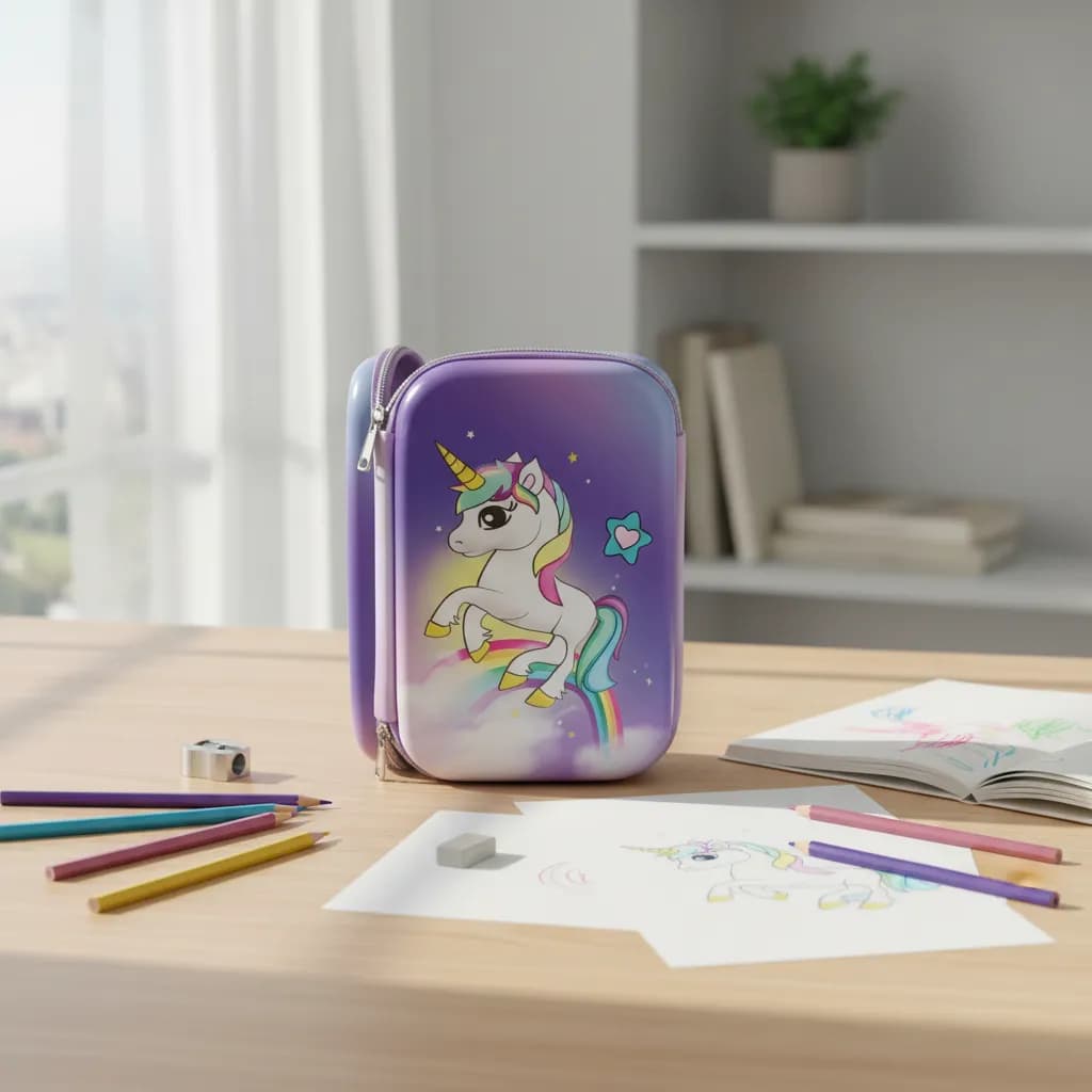 Estojo Violeta estampado em relevo 3D com Desenho de Unicórnio