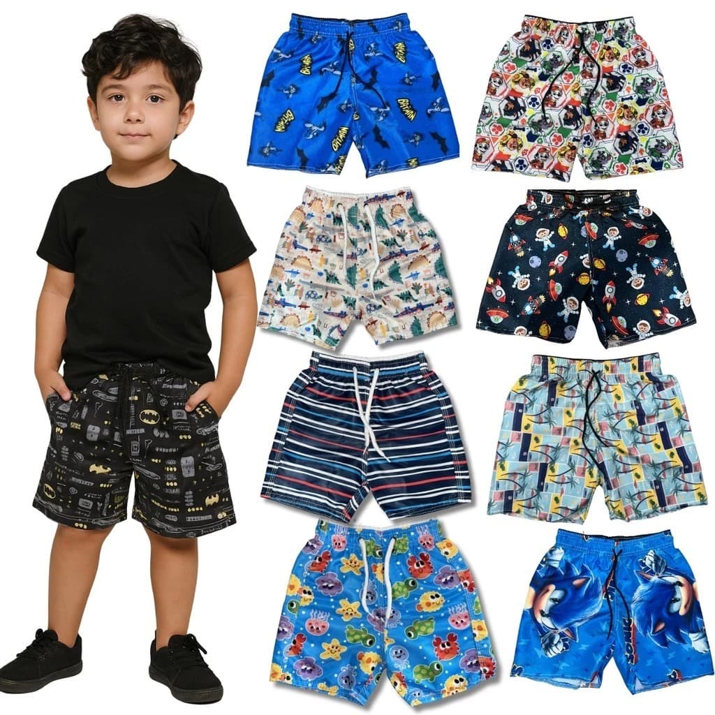 KIT INFANTIL COM 10 PEÇAS TACTEL ESTAMPADA BERMUDA TACTEL INFANTIL COM DESENHOS