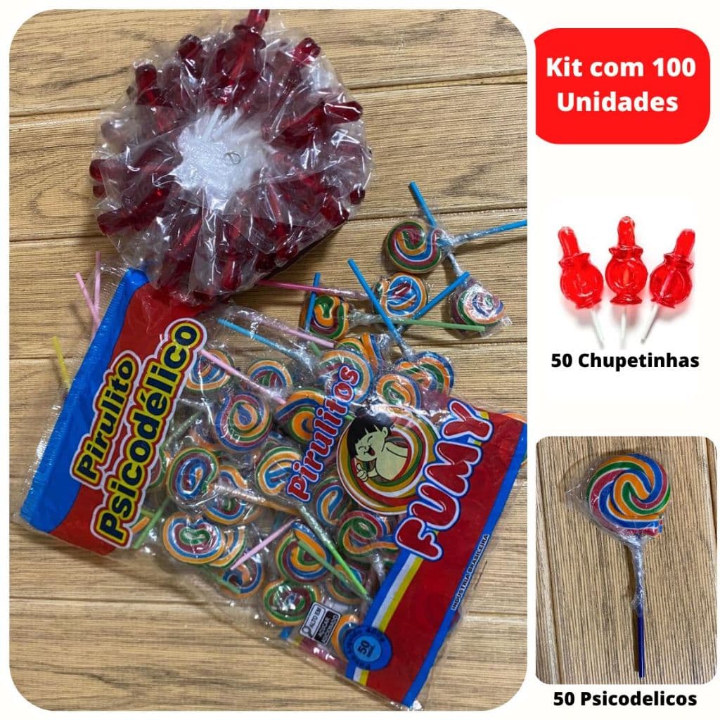 Pirulito Psicodelico e Chupetinha Kit com 100 Unidades embalagem individual