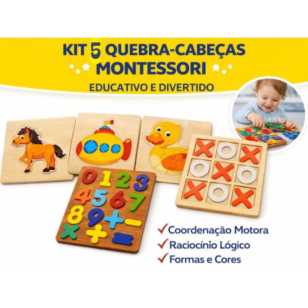 Kit 5 Tabuleiros MDF Quebra-Cabeça Jogo da Velha e Numerais