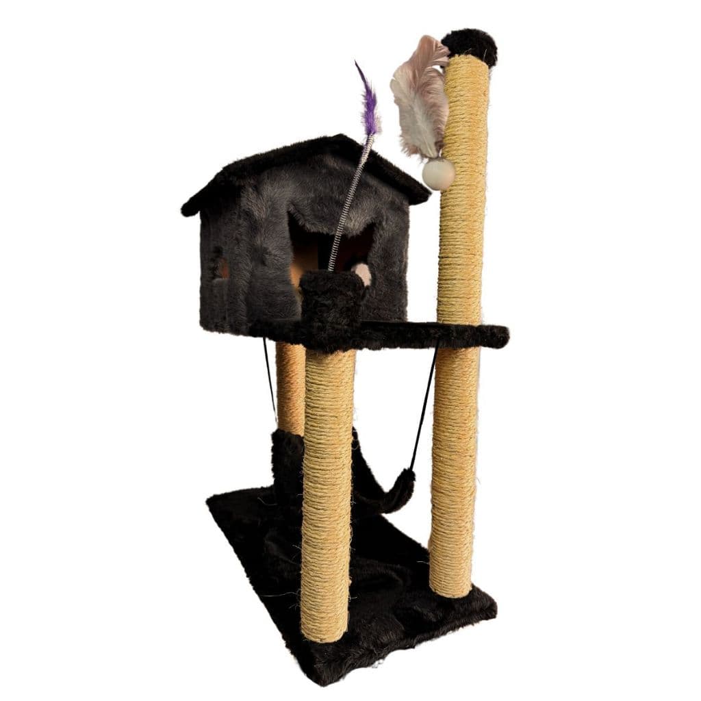 Casa Arranhador Gatos Rede Poste Sisal Brinquedo Interativo Preto/cinza