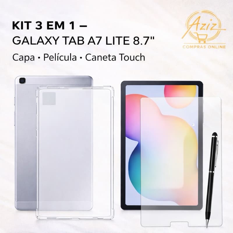 Kit Completo 3 em 1 para Samsung Tab A7 Lite 8.7’’ (SM-T220 / T225) Capa Transparente + Película de Vidro +Caneta 2 Em 1
