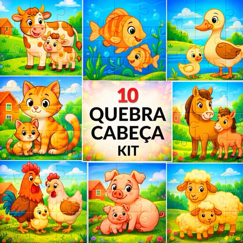 Kit 10 Quebra Cabeça 9 Peças Animais Fazenda Jogo pedagógico Educativo Pedagógico Bichinhos Filhotes