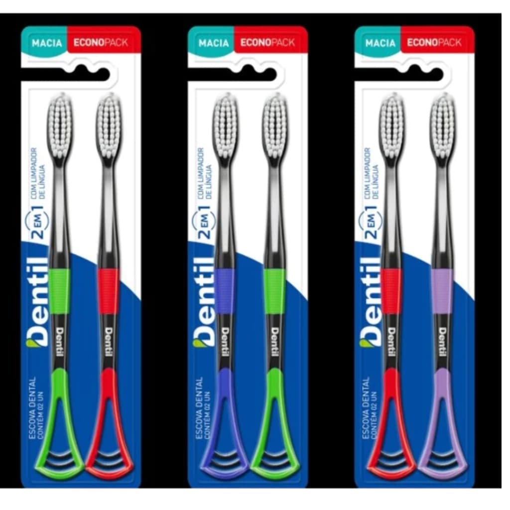 Escova de Dente Adulto Dentil 2 em 1 com Limpador de Língua – Cerdas Macias – Kit 2 Unidades