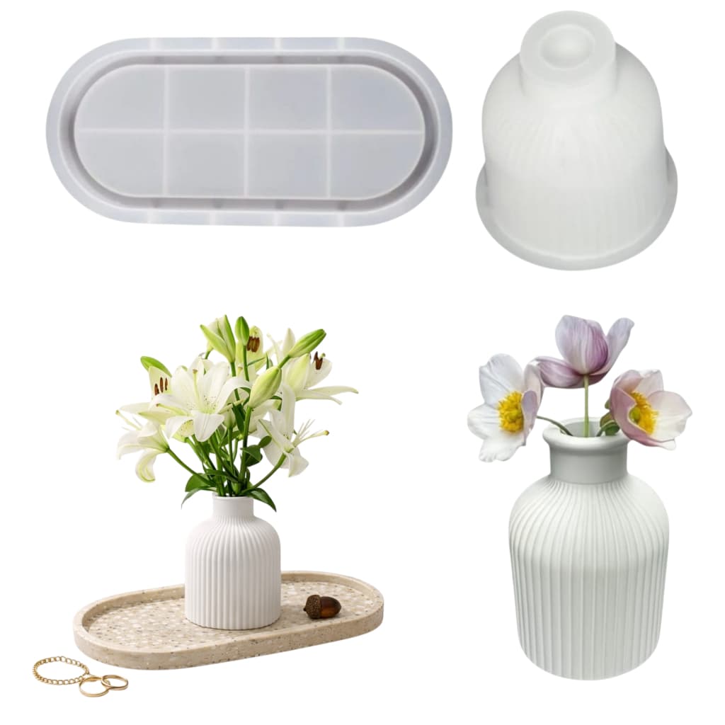 Jogo de Formas em Silicone Vaso Decorativo e Bandeja Oval Grande | Artesanato Gesso Cimento
