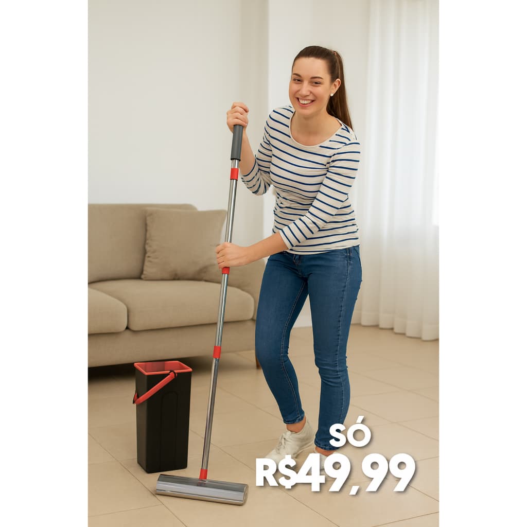 Mop  Com cabo de 125 cm Cesto Em Inox Balde Centrífuga  - Com 1 Refil