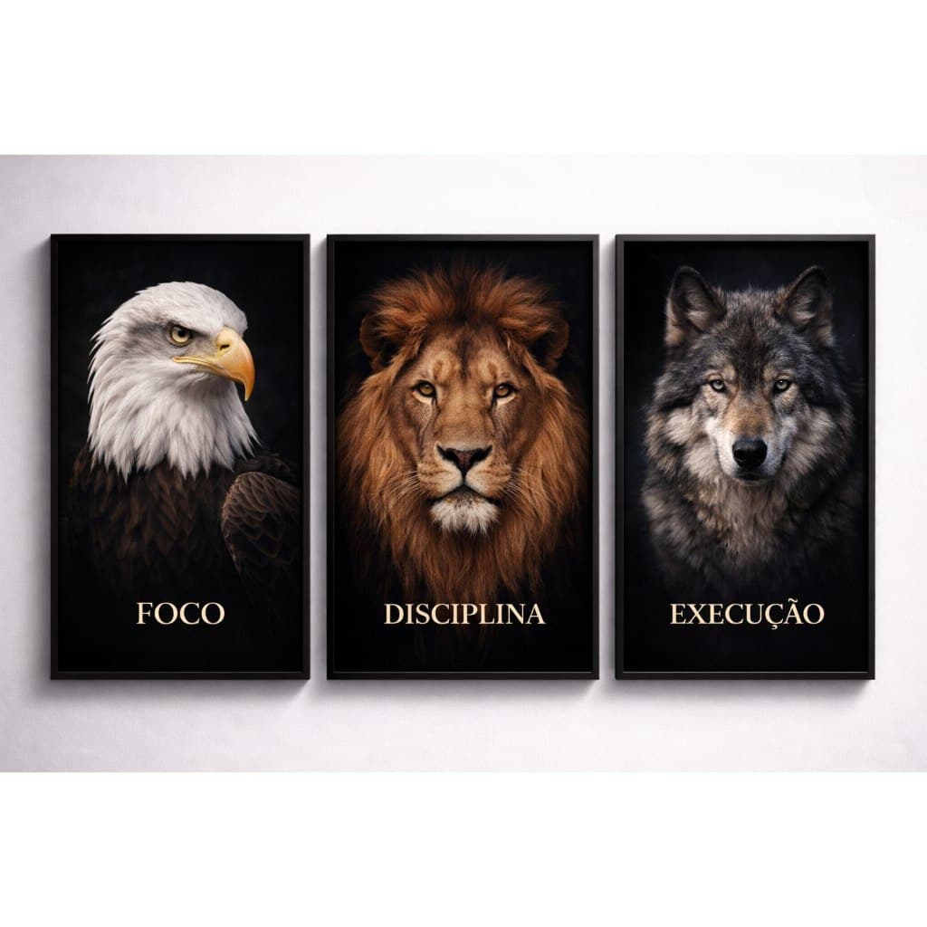 Quadro Decorativo trio leão lobo foco disciplina frases motivação