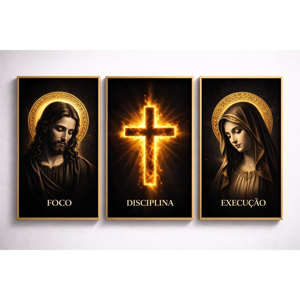 Quadro Decorativo 3p foco disciplina execução cruz fogo decoração frases