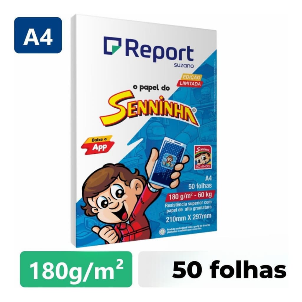 Papel Cartão A4 180g Branco Liso – Seninha / Report Premium | Pacote 50 Folhas