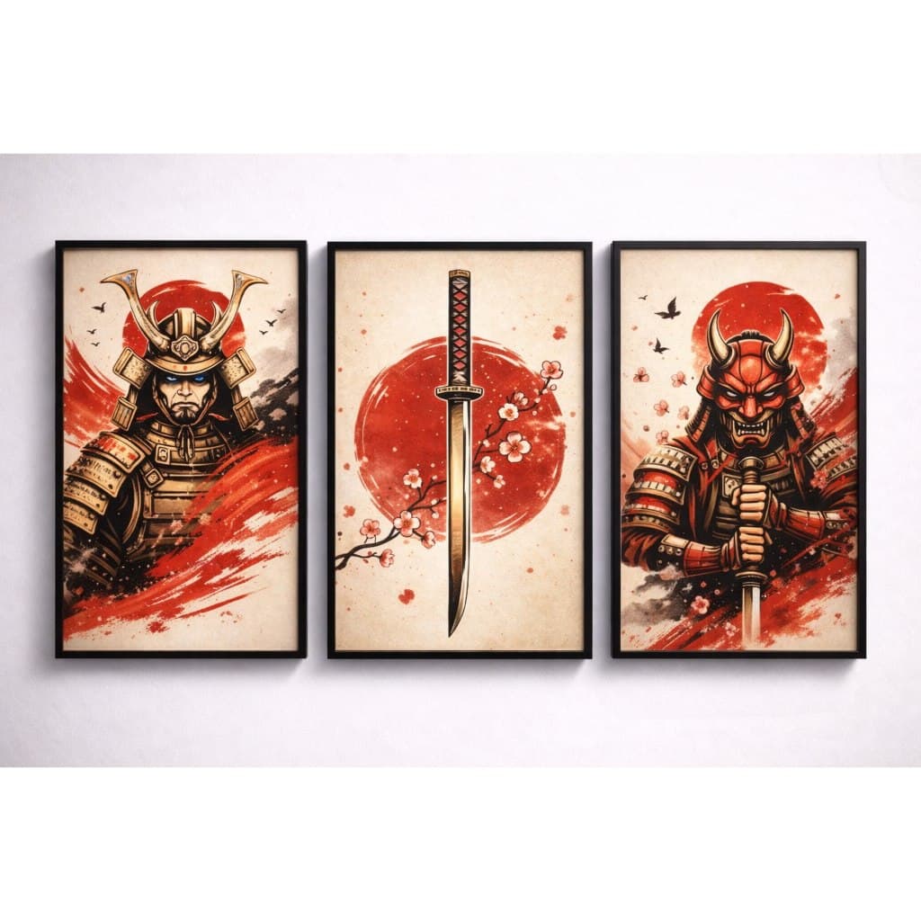 Quadro Decorativo 3p decoração samurai sala quarto escritório