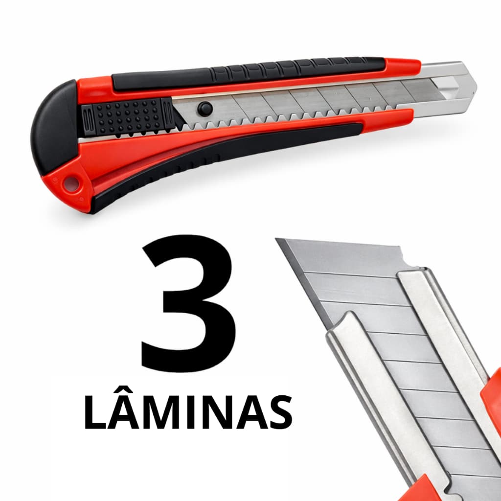 Estilete Profissional 18mm Com Trava Automática + 3 Lâminas Reposição