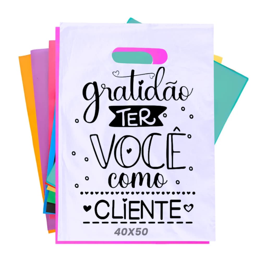 Kit 100 Sacola Plástica Estampada Gratidão Ter Voce 40x50 Boca de Palhaço