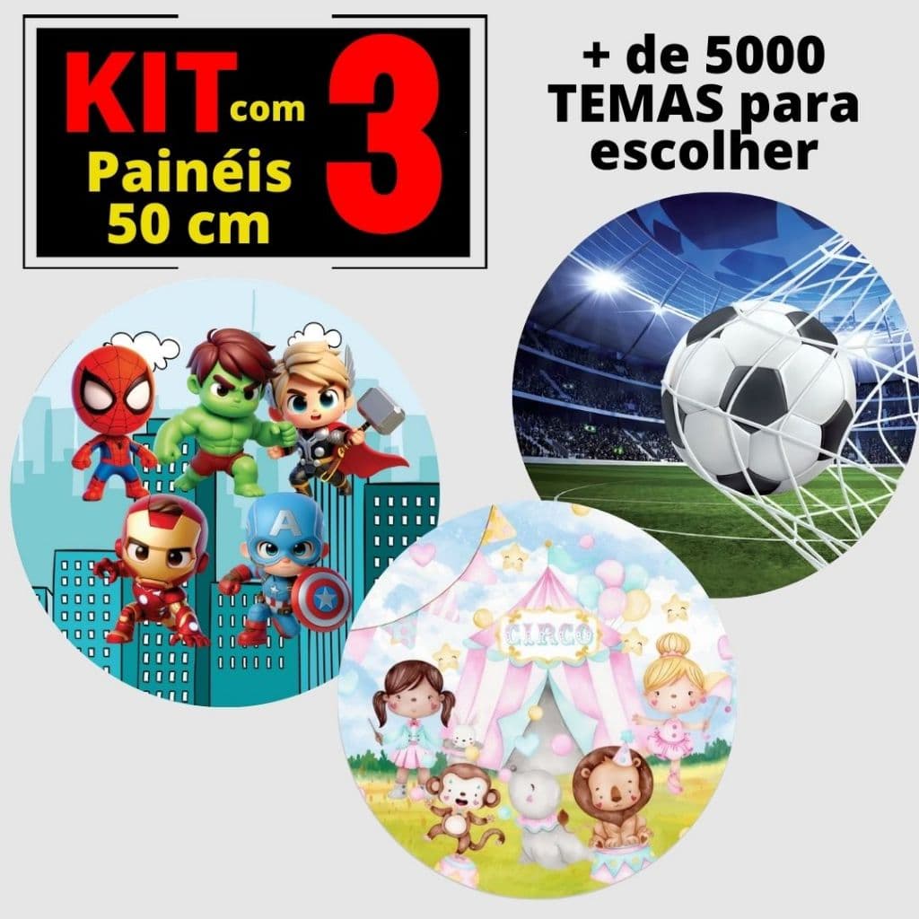Kit 3 Painéis Redondo 50 diam Sublimação com Elástico Festa Personalizado