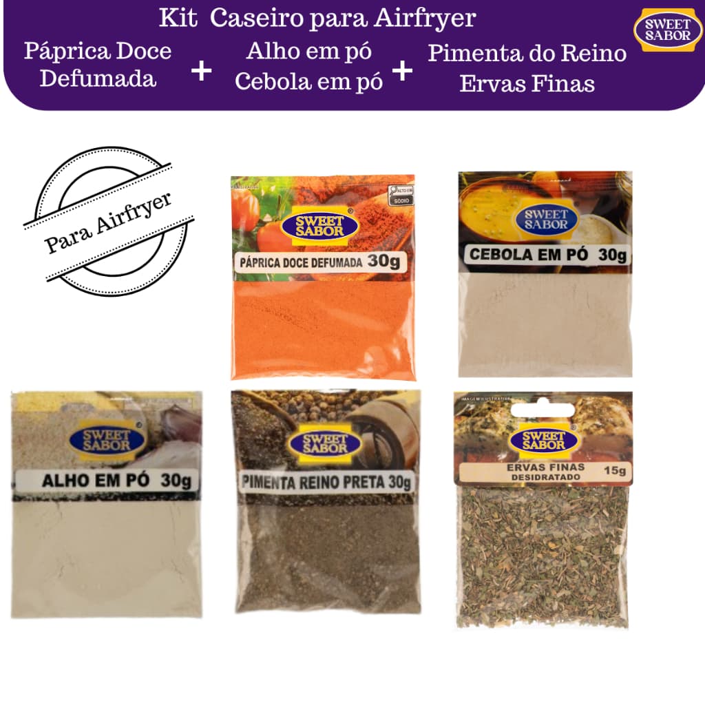Kit Airfryer Caseiro – Alho, Cebola, Páprica, Pimenta e Ervas Finas. 5 Temperos Essenciais