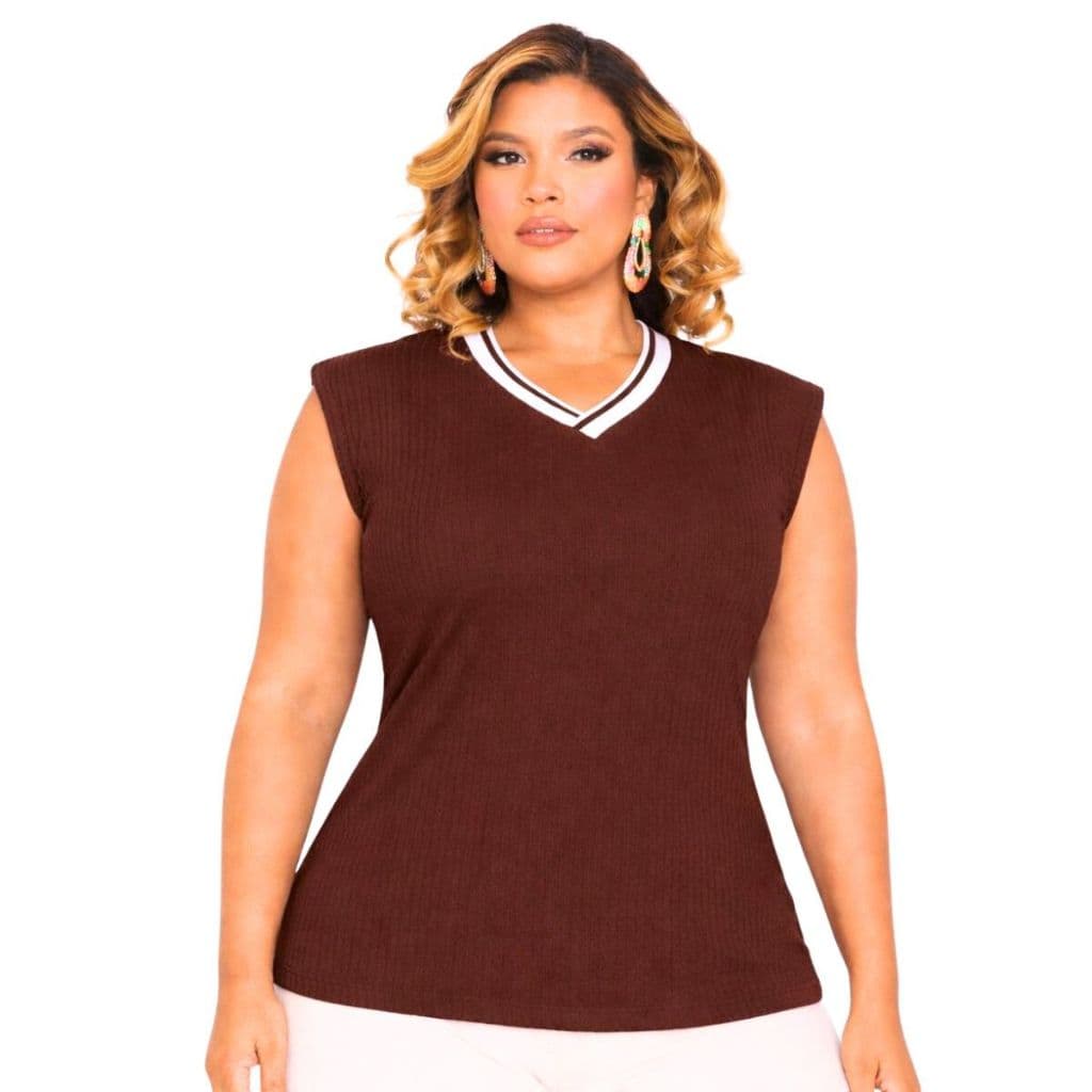 Blusas Feminina Muscle Tee Lisa Canelada Gola V Básica Social Elegante