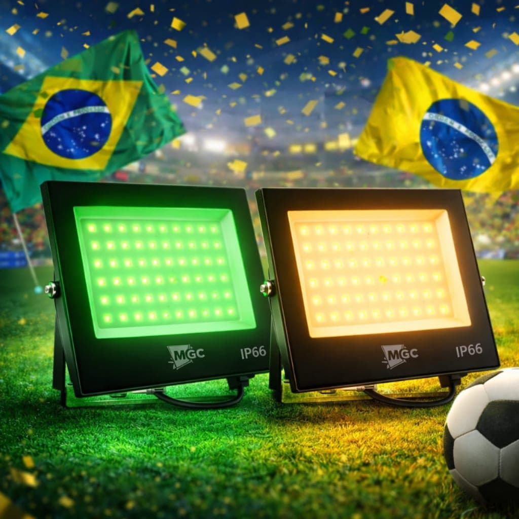 Kit 2 Holofote Refletor LED 200W Verde Branco Quente IP66 Bivolt Jardim Externo Paisagismo